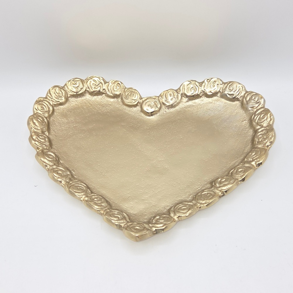 XOXO Gold Heart Decor Trinket Tray Rose Floral Embossed Metal Dish India